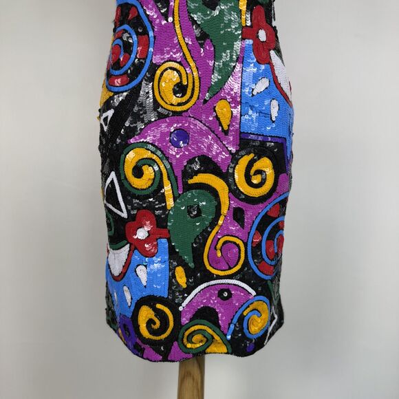 Vintage 80s Laurence Kazar Silk Beaded Sequin Dress | Abstract Geometric Sheath - Picture 3 of 14